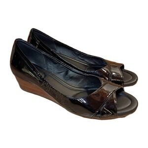 Cole Haan Air Open-Toe Wedge Patent Leather Shoes Black Women's 7 B